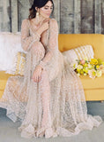 Beading Long Sleeve Backless Sparkle Champagne Sequin Wedding Dress