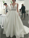White Satin Deep V-neck Backless Beading Wedding Dress