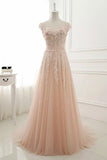 Tulle Pink Round Neck Lace Applique Long Prom Dress