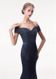 Stretch Satin Off-the-shoulder Navy Mermaid Beading Evening Dress