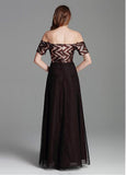 Tulle Off-the-shoulder Brown Short Sleeve A-line Prom Dress