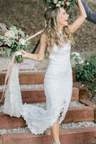 Cut Front Sheath Column Lace Boho Wedding Dress