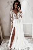 V Neck Appliques Tulle Beading Long Sleeve A Line Wedding Dress