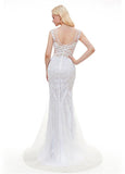 White Tulle Jewel Long Sequins Mermaid Evening Dress
