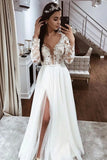 V Neck Appliques Tulle Beading Long Sleeve A Line Wedding Dress
