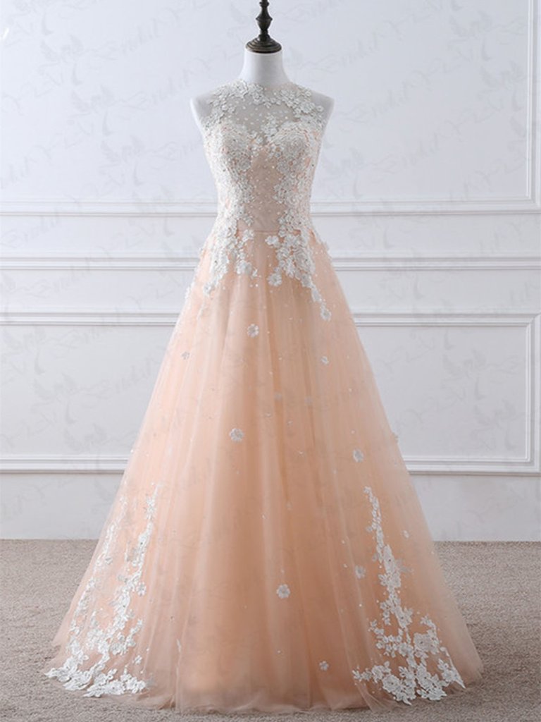 Appliques Coral High Neck White Lace Tulle Long Prom Dress US4 / Blue Appliques Coral High Neck White Lace Tulle Long Prom Dress US4 / Blue