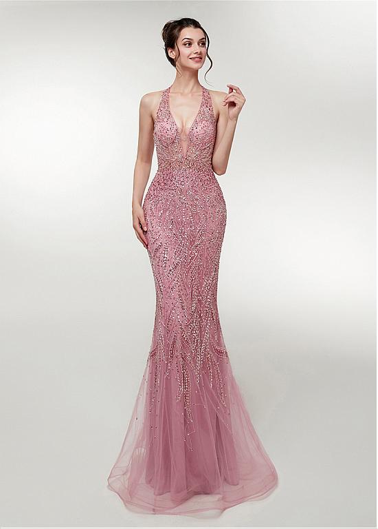 Pink Halter Sleeveless Mermaid Prom Dresses with Split Sequins and Beadings in Tulle main image 1