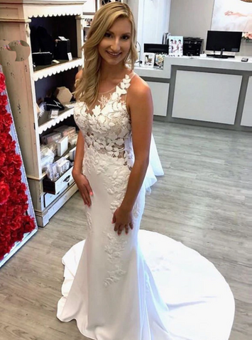 White Mermaid Satin Appliques See Through Wedding Dress