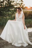 Satin Bridal Lace V Neck Wedding Dress with Pockets