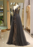 Tulle V-neck Gold Evening Dress With Beadings