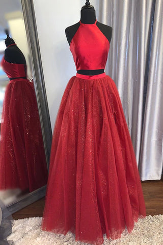 Back Two Piece Halter Sparkle Lace-Up Red Long Prom Dress