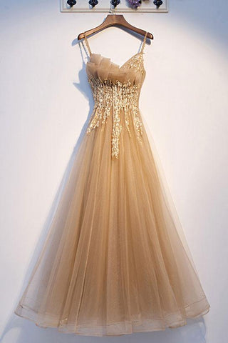 A Line Tulle Lace Champagne Sweetheart Long Prom Dress
