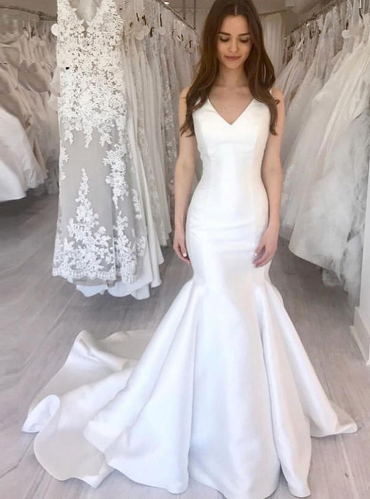 White Mermaid Satin V-neck Simple Wedding Dress Sassymyprom White Mermaid Satin V-neck Simple Wedding Dress Sassymyprom