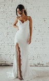 Chiffon Pleats Sheath Column Spaghetti Straps Wedding Dress With Slit