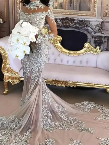 High Neck Long Sleeve Lace Appliques Wedding Dress