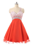 Energetic Chiffon One-shoulder Neckline A-Line Short Homecoming Dresses With Beads & Rhinestones