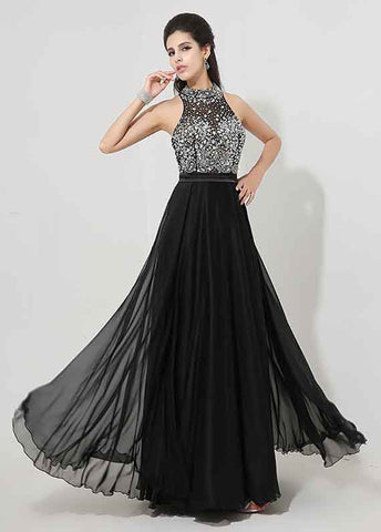 Sparkling Chiffon High Collar Neckline A-line Prom Dresses With Beadings & Rhinestones