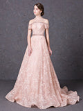 A-Line Off-the-Shoulder Lace Beading Court Train Evening Dress