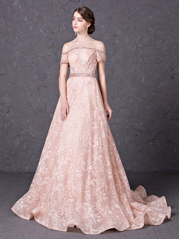 A-Line Off-the-Shoulder Lace Beading Court Train Evening Dress