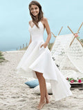 Satin Spaghetti Straps Sexy Asymmetrical High Low Ruched Wedding Dress