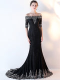 Black Mermaid Off-the-Shoulder Appliques Lace Half Sleeves Court Train Evening Dress