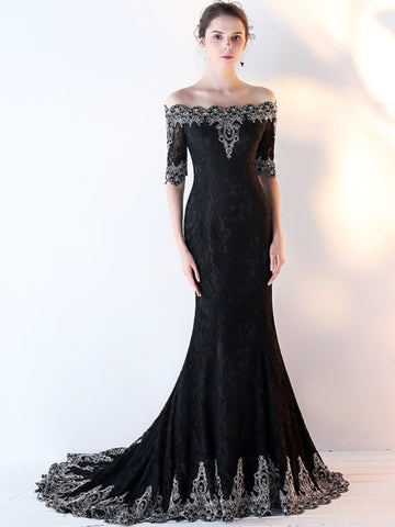 Black Mermaid Off-the-Shoulder Appliques Lace Half Sleeves Court Train Evening Dress