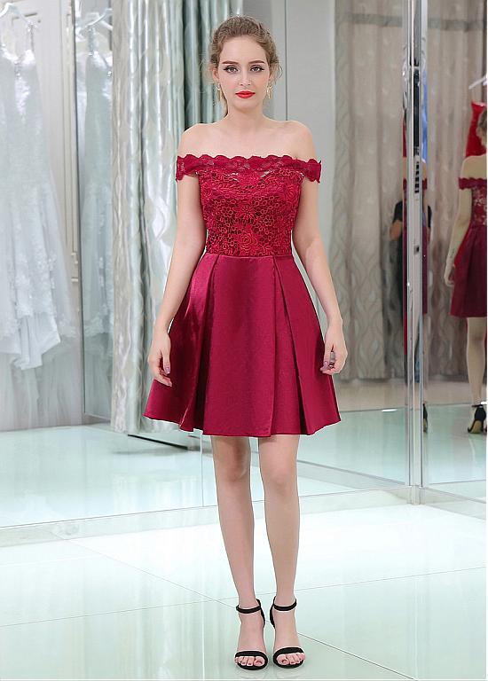Lace & Satin Off-the-shoulder Neckline Short Length A-line Cocktail Dresses US6 / Burgundy Lace & Satin Off-the-shoulder Neckline Short Length A-line Cocktail Dresses US6 / Burgundy