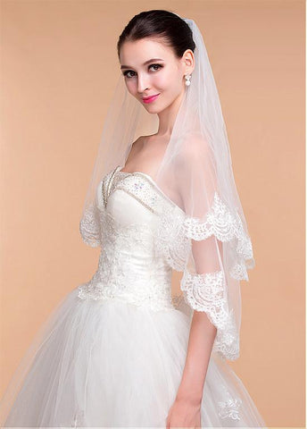 Beautiful Tulle Ivory Wedding Veil With Lace Appliques