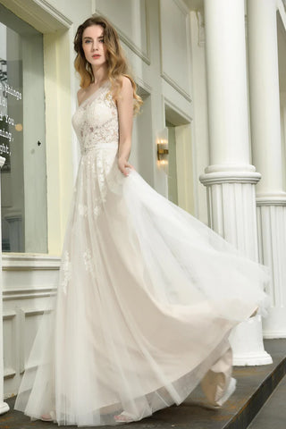 One Shoulder A Line Tulle Appliques Wedding Dress