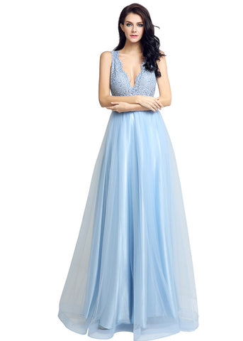 Fabulous Tulle & Lace V-neck Neckline Cut-out Floor-length A-line Evening Dresses