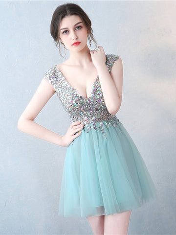 Mint V-Neck Beading Crystal Cocktail Dress