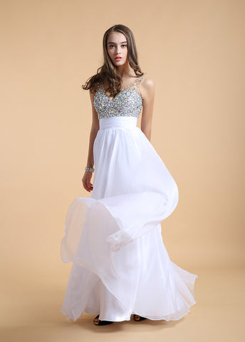 Fabulous Chiffon V-neck Neckline Floor Length A-line Prom Dress With Beadings