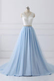 V Neck White And Blue Tulle Beading Prom Dress With Belt