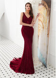 Lace V-neck Burgundy Sequin Mermaid Evening Dress