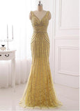 V-neck Neckline Sheath Evening Dresses With Beadings