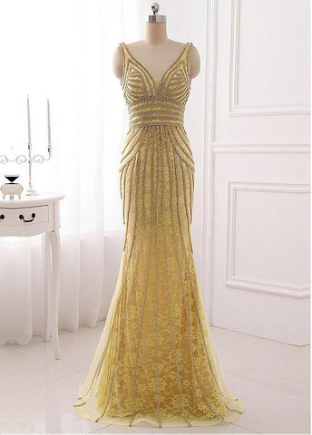 V-neck Neckline Sheath Evening Dresses With Beadings
