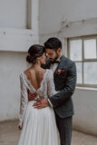 Round Neck Two Piece Tulle Long Sleeves Lace Wedding Dress