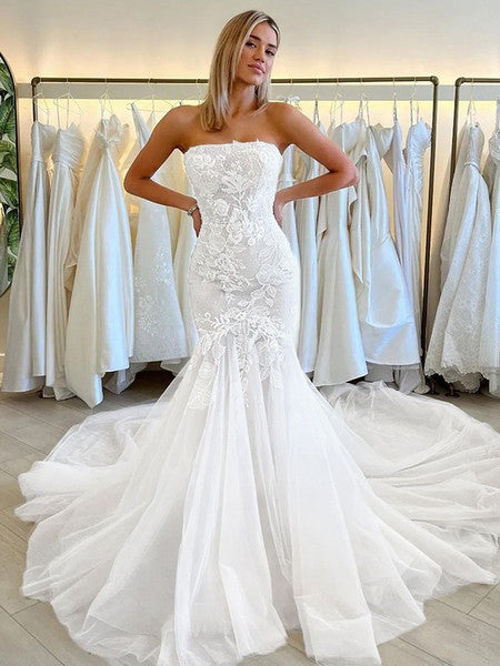 2023 Trumpet Mermaid Tulle Applique Cathedral Train Wedding Dress Custom Made / Pink