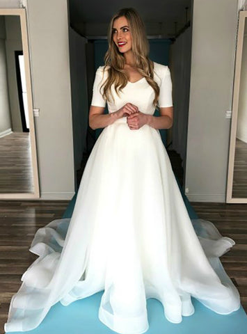 Short Sleeve A-Line White Organza Satin Wedding Dress