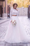 Lace Top Scoop Two Piece Long Sleeves Tulle Wedding Dress