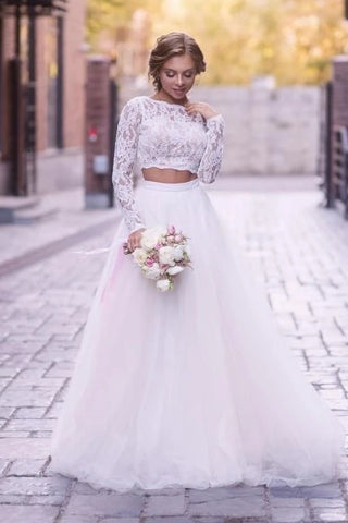 Lace Top Scoop Two Piece Long Sleeves Tulle Wedding Dress