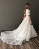 Short Sleeve A-Line White Organza Satin Wedding Dress