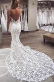 Lace Appliques Backless Sweep Train V Neck Trumpet Mermaid Tulle Wedding Dress