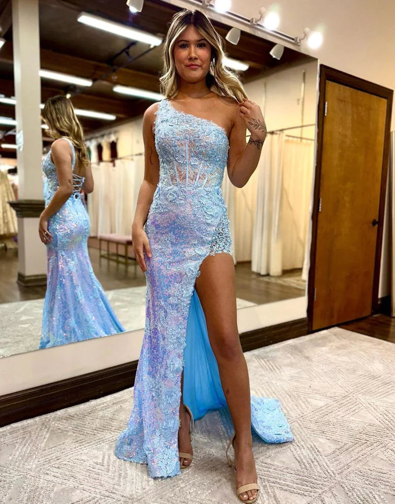 2023 Blue One Shoulder Lace Corset Back Prom Dress With Split