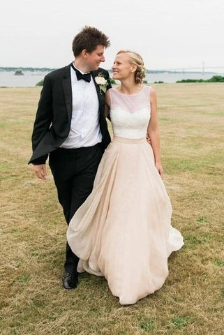 See Through Scoop Sleeveless Two Piece Champagne Wedding Dress