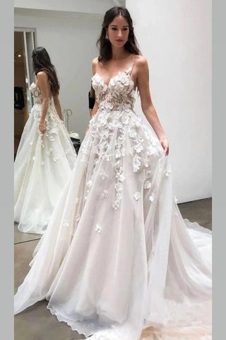 Backless Tulle A Line Sexy 3D Flower Wedding Dress