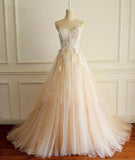 Champagne V Neck Tulle Lace Long Prom Dress