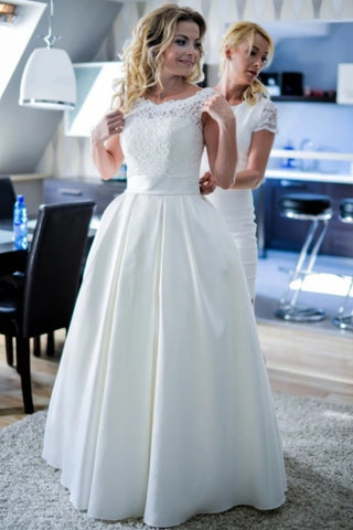 Lace Top Satin A Line Round Neck Wedding Dress