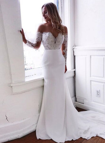 White Mermaid Appliques Satin Long Sleeve Wedding Dress