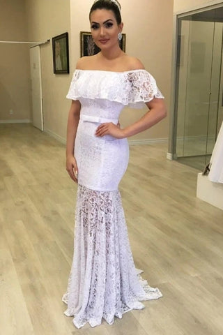 Tulle Sheath Column See Through Off The Shoulder Lace Wedding Dress
